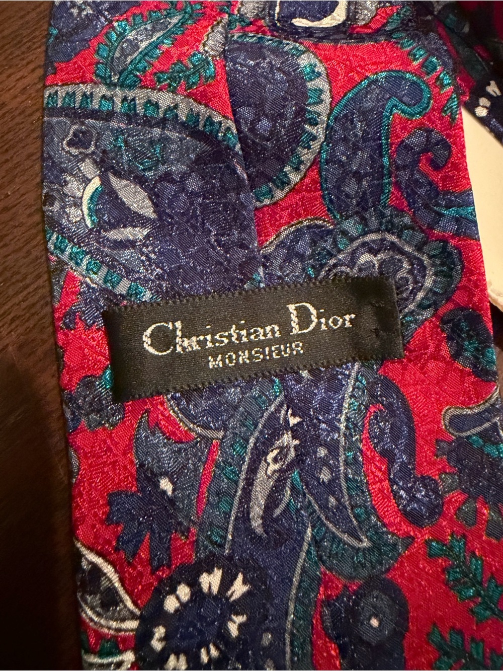 Dior Red & Blue Paisley Pearl-Neck Tie Necklace
